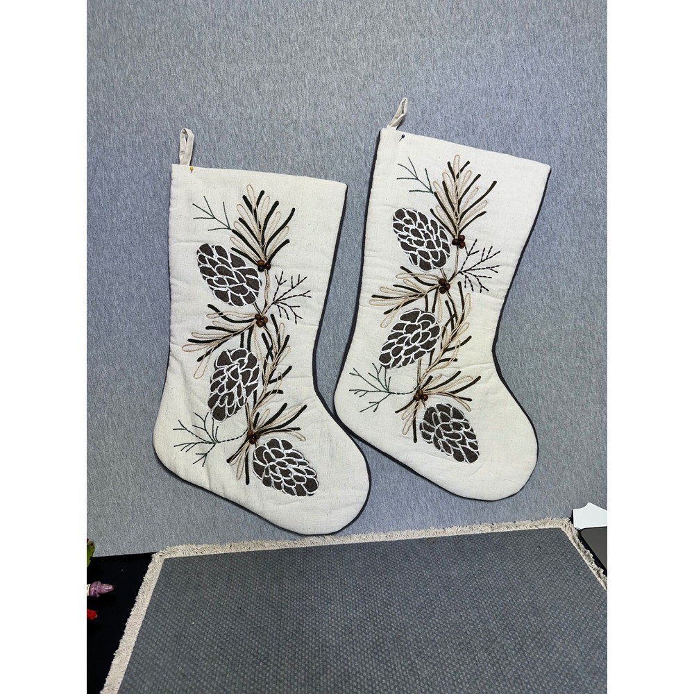 Embroidered Pinecone Christmas Stockings x 2 Holiday Cotton Linen Cream Rustic